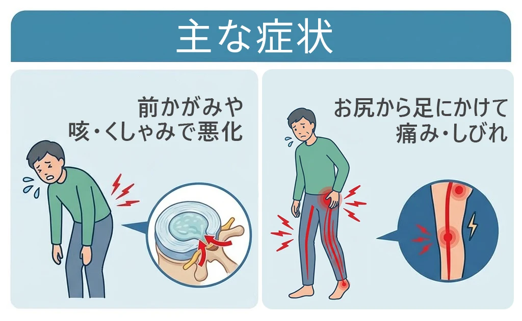 腰椎椎間板ヘルニアの主な症状。前かがみや咳・くしゃみで悪化する／お尻から足にかけての痛み・しびれ